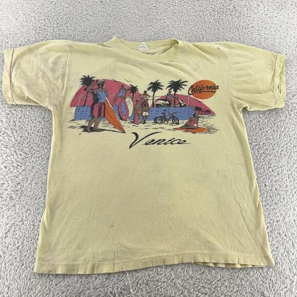 Vintage Venice California Shirt Mens S Yellow Sunset Surf Beach 80s Tee Thrashed - Picture 2 of 14